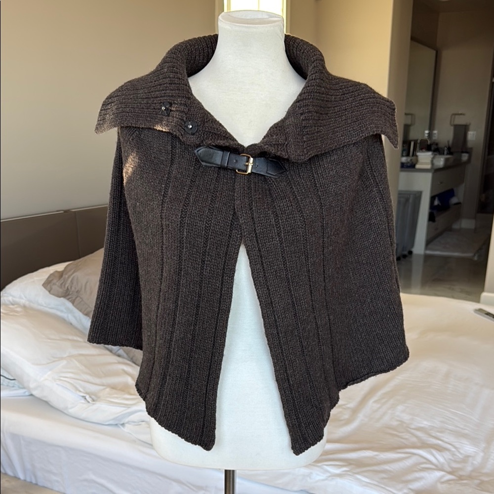 Brown Knitted Poncho with Dramatic Collar